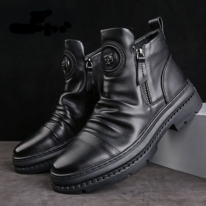 Men's Motorcycle Leather Boots British Style Round Head High Top Shoes Side Zip