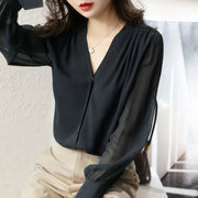 Long-sleeve Spring & Summer French V-neck Design Sense Top Temperament Loose Chiffon Shirt