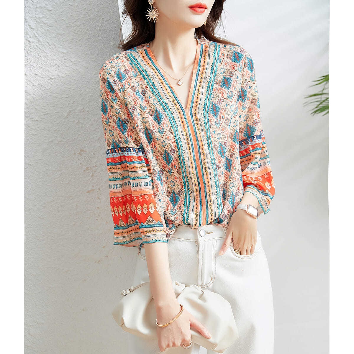 Woman Summer Casual Hafl Flare Sleeve V-Neck Printed Shirt