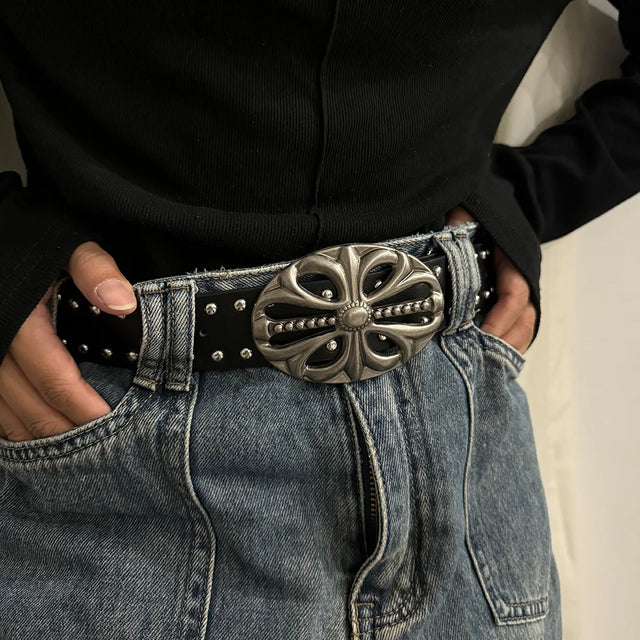 Black Punk Rock Studded Belt with Vintage Silver Cross Buckle – Gothic Fashion Waist Belt for Jeans & Dresses