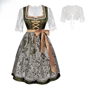Women’s Green & Gold Dirndl Dress – Elegant Bavarian Oktoberfest Costume with Embroidered Tulle Apron