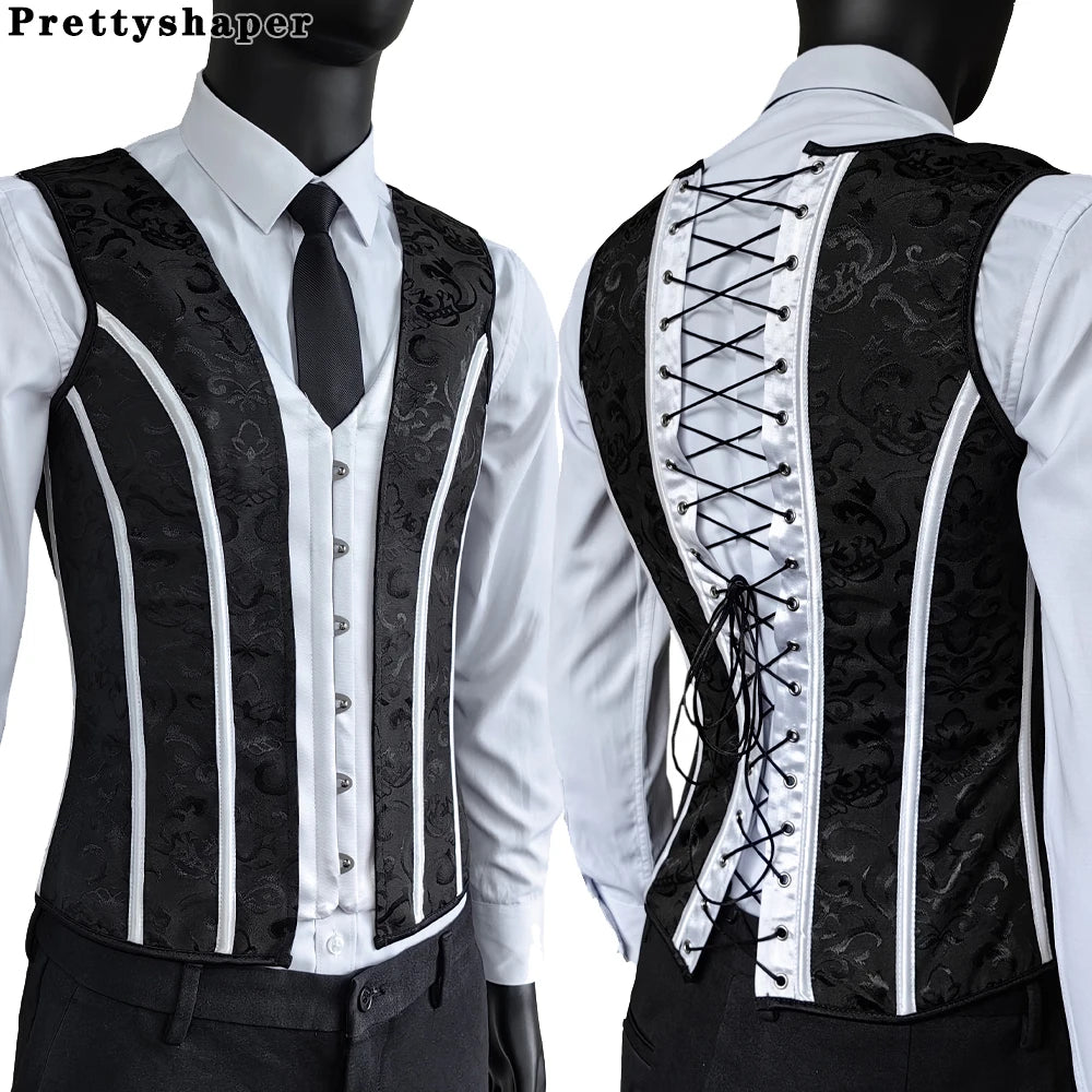 Men’s Waist Trainer Corset Vest – Lace-Up Vintage Waistcoat with Boning