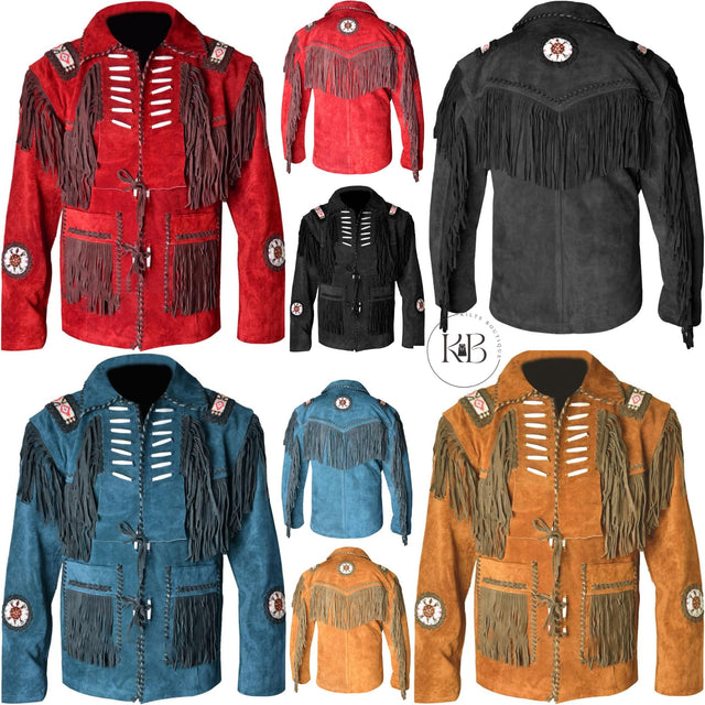 Men's Blue Suede Western Cowboy Leather Jacket With Fringe & Beaded | Best western jacket