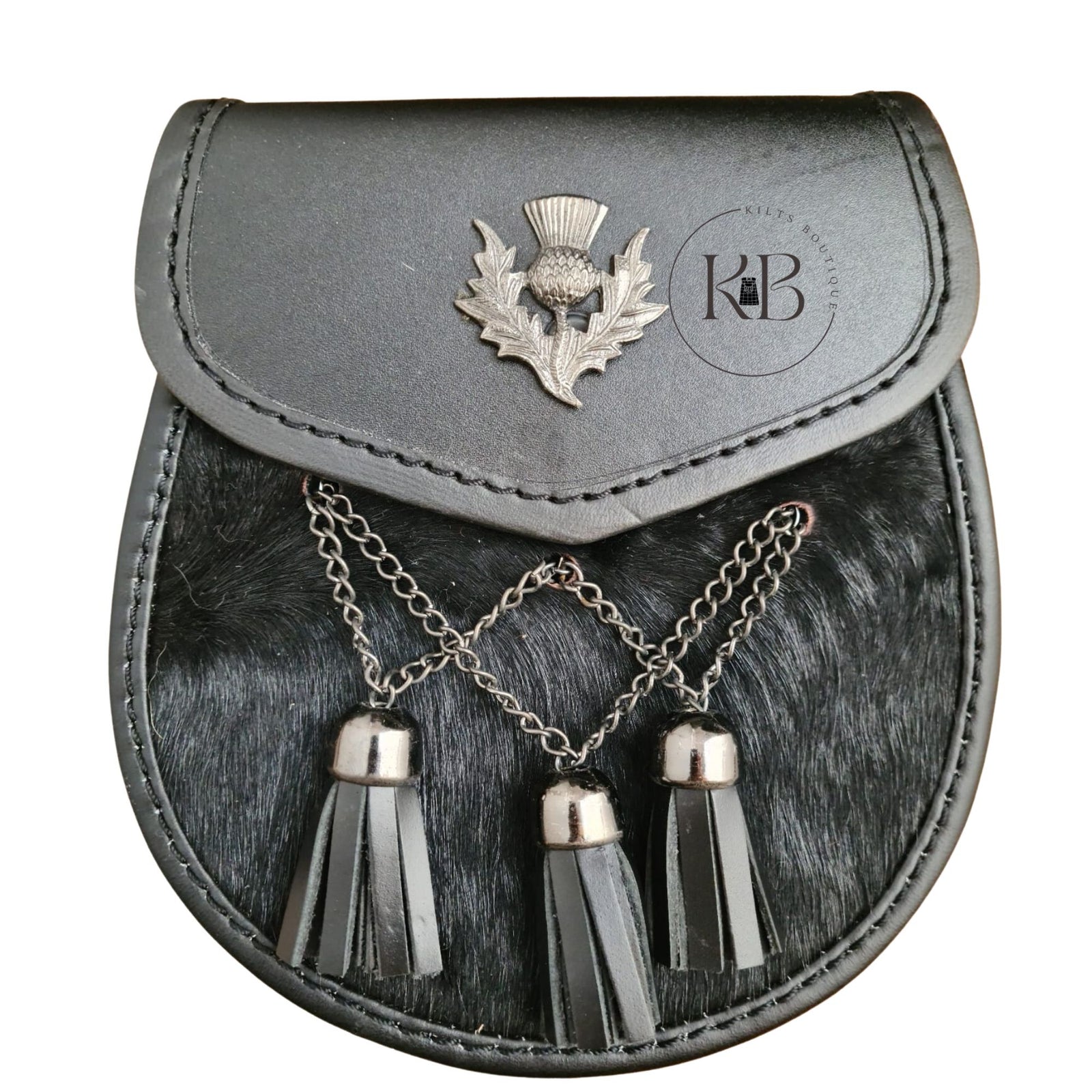 Semi Dress Black Leather Sporran Antique Thistle Emblem and Cross Tassels With Free Chain