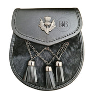Semi Dress Black Leather Sporran Antique Thistle Emblem and Cross Tassels With Free Chain