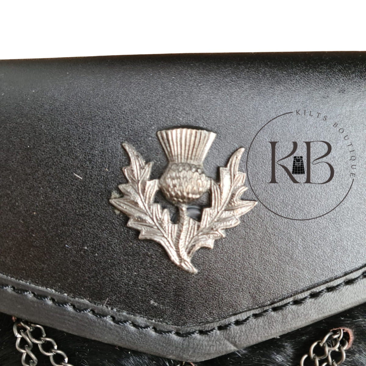 Semi Dress Black Leather Sporran Antique Thistle Emblem and Cross Tassels With Free Chain
