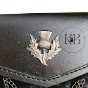 Semi Dress Black Leather Sporran Antique Thistle Emblem and Cross Tassels With Free Chain