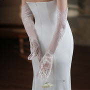 White Bridal Gloves Lace Hollow Tulle Gloves Full Finger Women