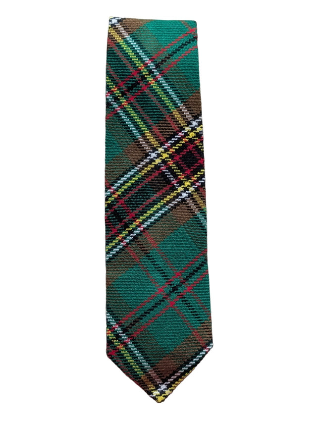 Plaid tie with green, red, and multicolor pattern on a light gray background