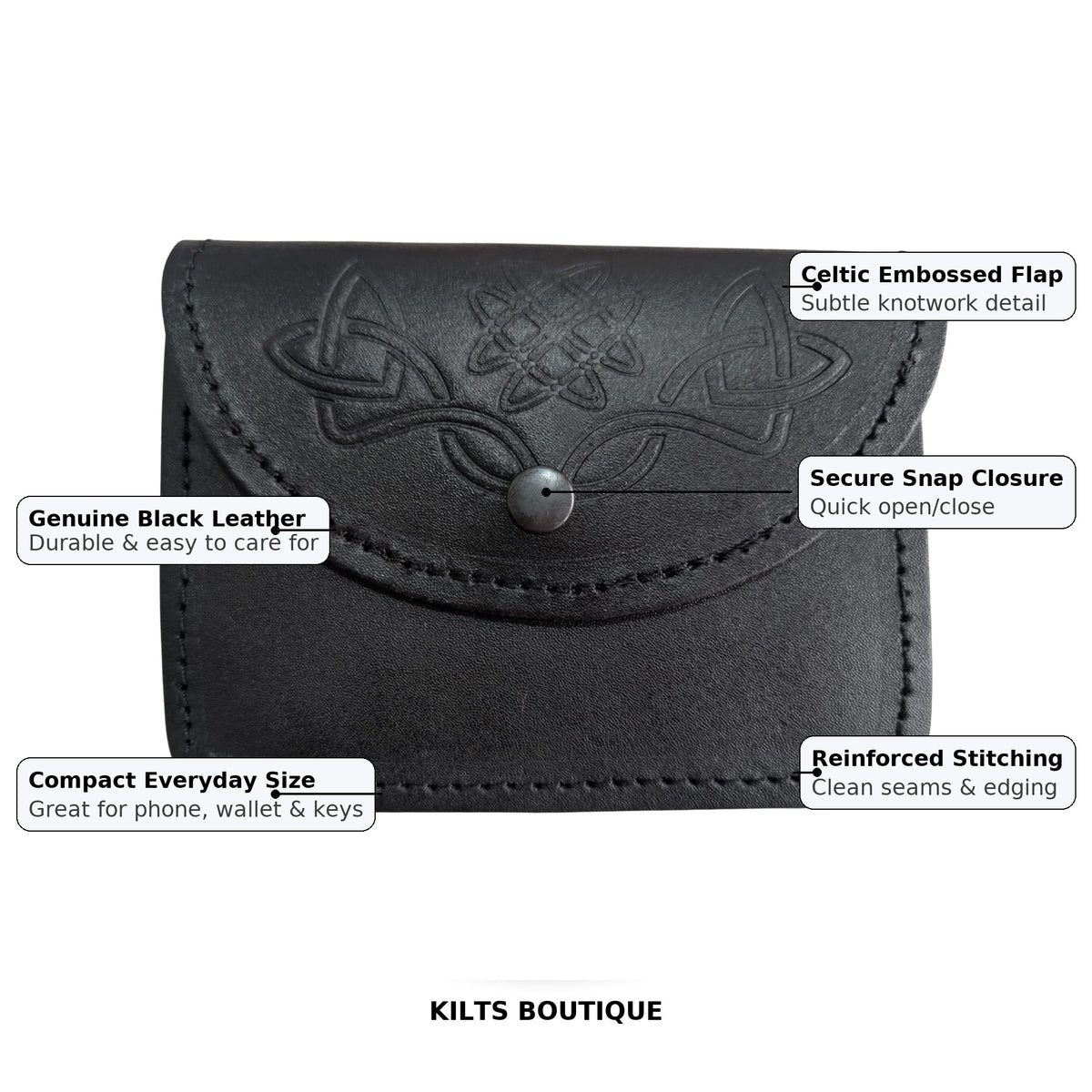 Kilts Boutique Black Leather Celtic Embossed Belt Pouch – Highland Piper Kilt Sporran/Pouch with Snap Closure & Rear Belt Loops – Fits Standard 2.25″ Kilt Belt