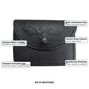 Kilts Boutique Black Leather Celtic Embossed Belt Pouch – Highland Piper Kilt Sporran/Pouch with Snap Closure & Rear Belt Loops – Fits Standard 2.25″ Kilt Belt