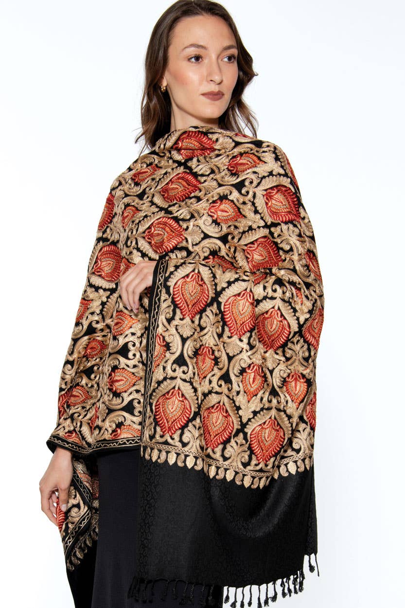 Mandira Embroidered Shawl – 100% Viscose Wool-Feel, Black with Red & Gold Paisley, 72"×28" | Kashmir-Inspired Winter Wrap/Stole