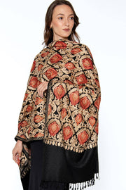 Mandira Embroidered Shawl – 100% Viscose Wool-Feel, Black with Red & Gold Paisley, 72"×28" | Kashmir-Inspired Winter Wrap/Stole