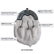 Kilts Boutique Full Dress Sporran, White Rabbit Fur with Antique Thistle Cantle, 3 Tassels and Chain Belt