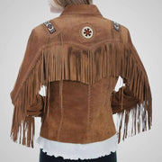 Women’s Western Suede Fringe Jacket with Beaded Detail – Brown Cowgirl Vintage Style