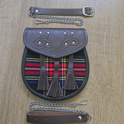 Black Stewart Tartan Brown Leather Semi Dress Hybrid Sporran Chain Belt