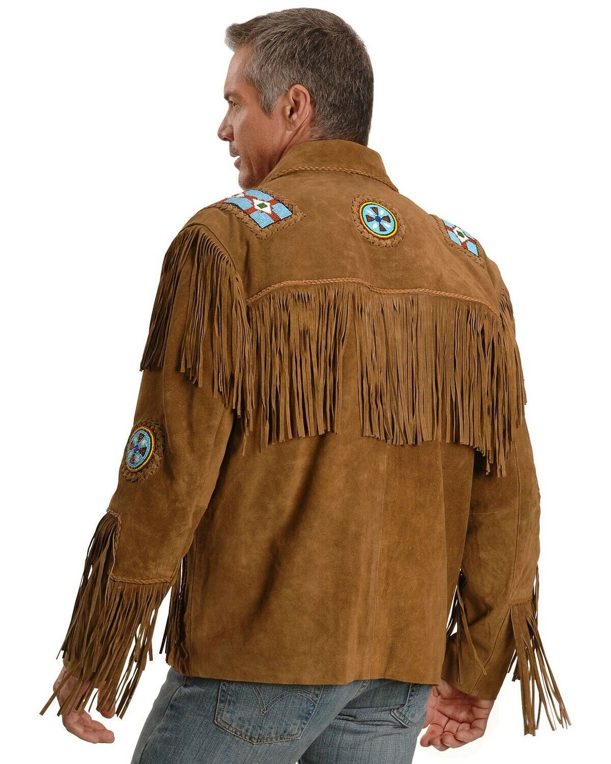 Men Native American Western Cowboy Leather Jacket Suede Coat Fringe Eagle Beads
