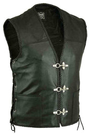 Men Genuine Leather Black Fish Hook Buckle Side Lace Motorcycle Vest - Waistcoat