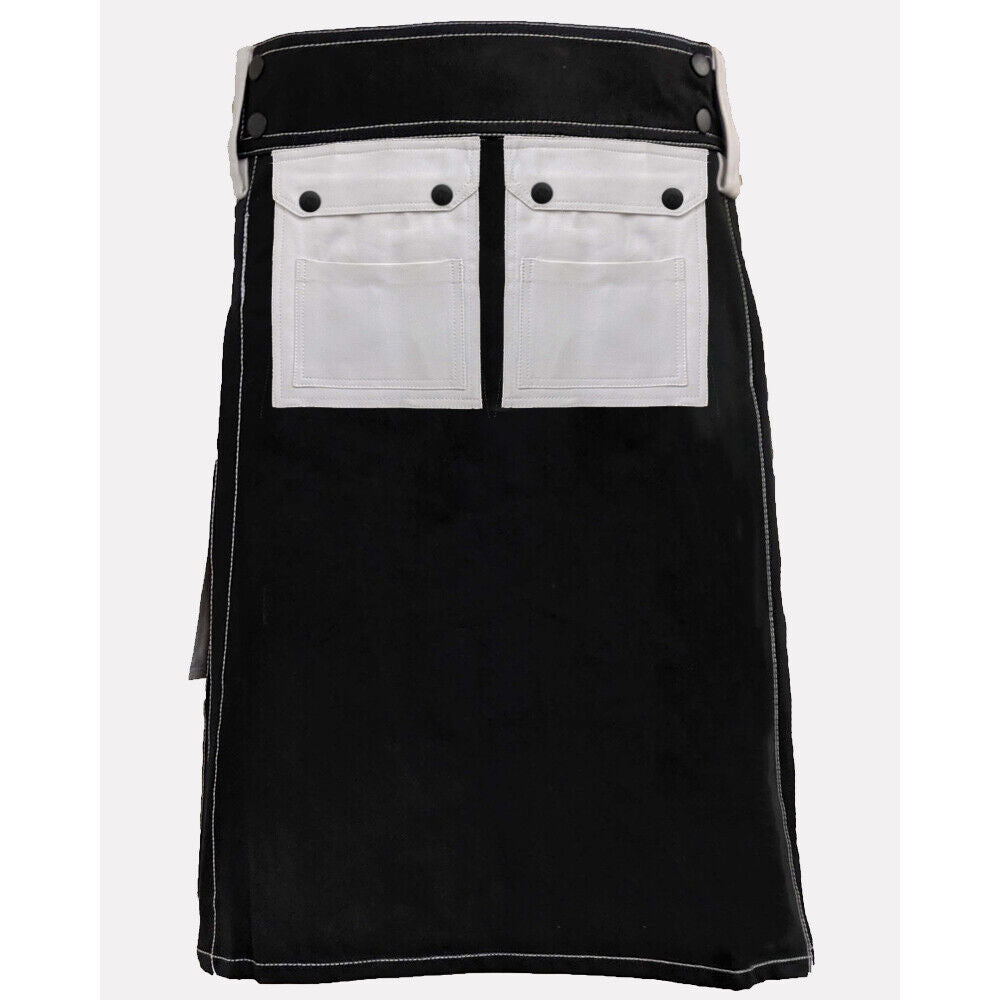 Black & White Work Wear Utility Kilt for Working Men With Multi Packets