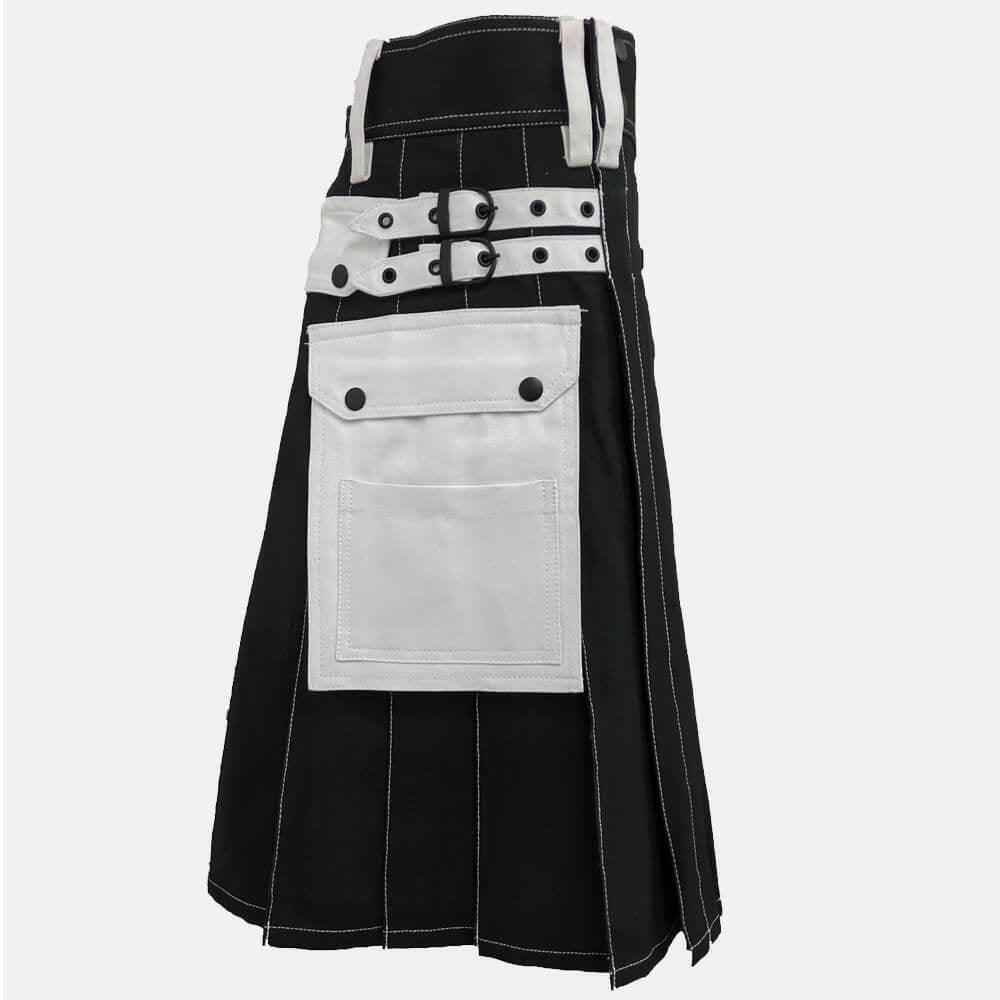 Black & White Work Wear Utility Kilt for Working Men With Multi Packets