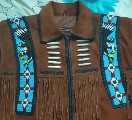 Men Native American Western Cowboy Leather Jacket Suede Coat Fringe Eagle Beads