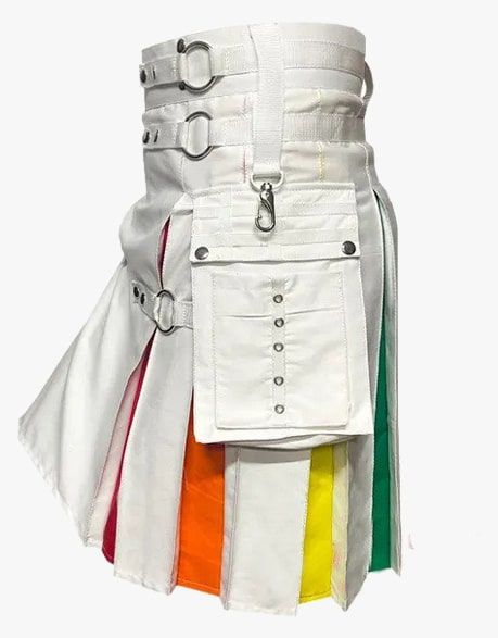 Scottish  Men's Rainbow White Cotton Hybrid Kilt Nylon Straps Utility Colorful Pleats Kilt - Pride Kilt