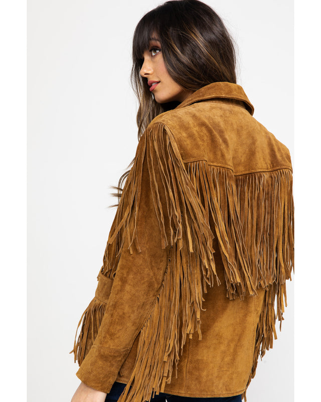 Women Tan Brown Suede Western Style handmade Leather Fringe Jacket