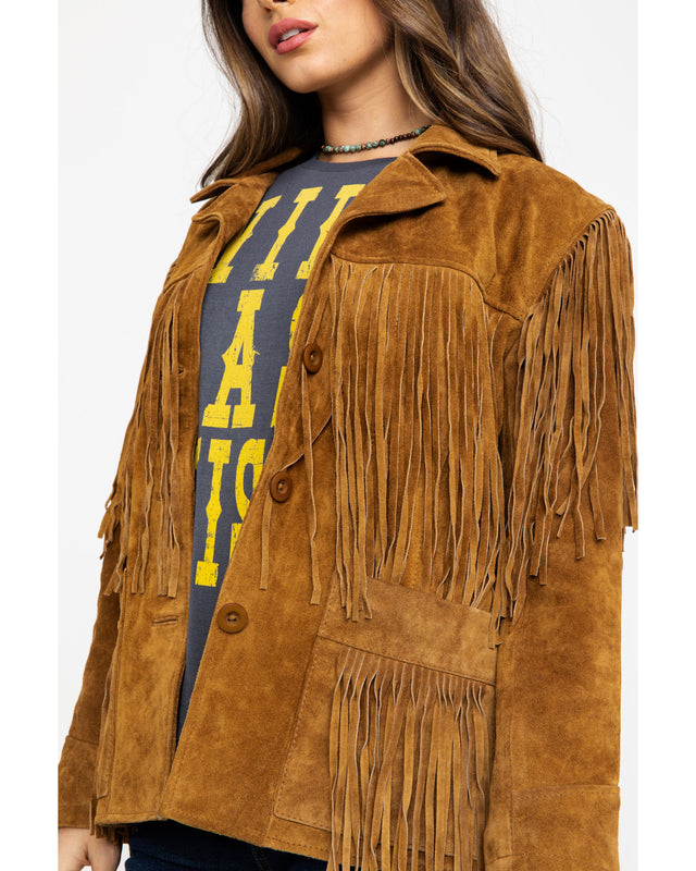 Women Tan Brown Suede Western Style handmade Leather Fringe Jacket
