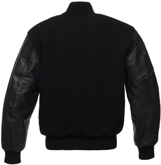 Solid Black Varsity Letterman Baseball Bomber Jacket Wool Cowhide Leather Sleeves
