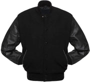 Solid Black Varsity Letterman Baseball Bomber Jacket Wool Cowhide Leather Sleeves