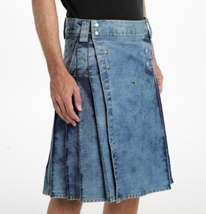 Scottish Men Stonewash Blue Denim Utility Kilt with Back Pockets