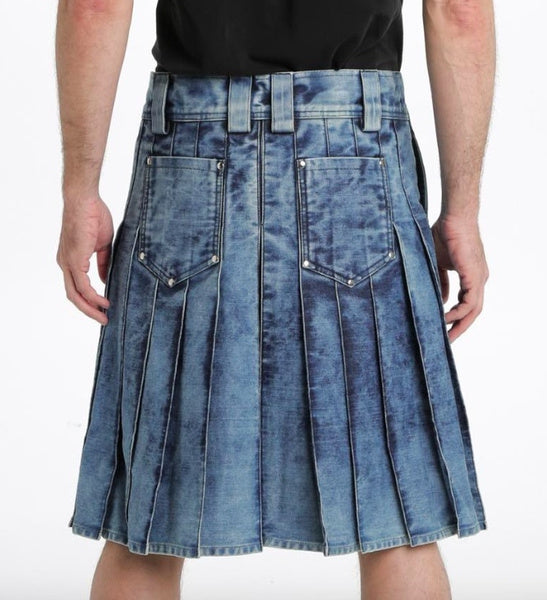 Scottish Men Stonewash Blue Denim Utility Kilt with Back Pockets