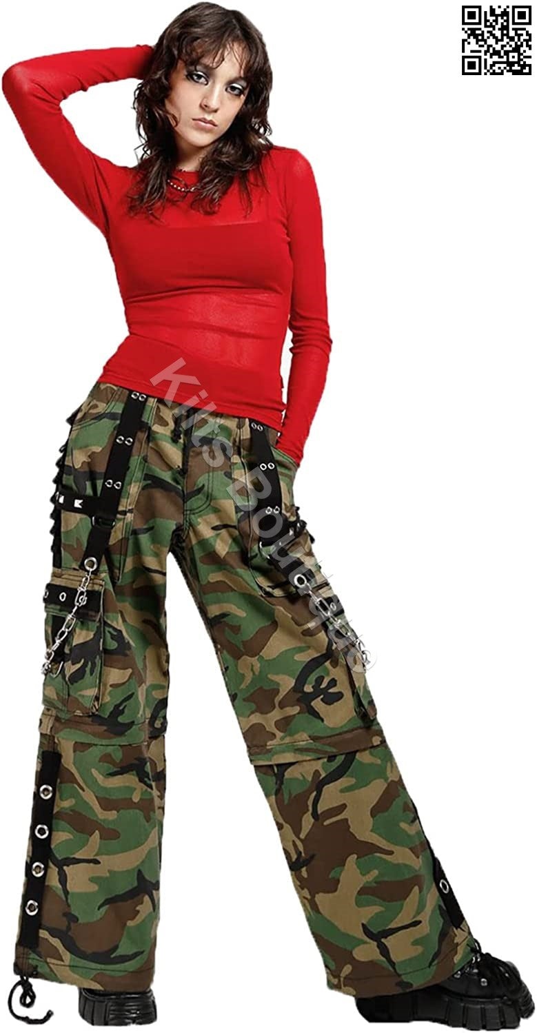 Women Camouflage Jungleland Gothic Cyber Trouser Bondage Pant Punk Shorts Metal Studs Trouser Pant