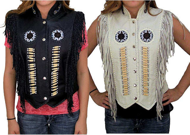 Womens Native American Indian Western Wear Cowgirl Bone Beads Embroidered Fringe Leather Vest