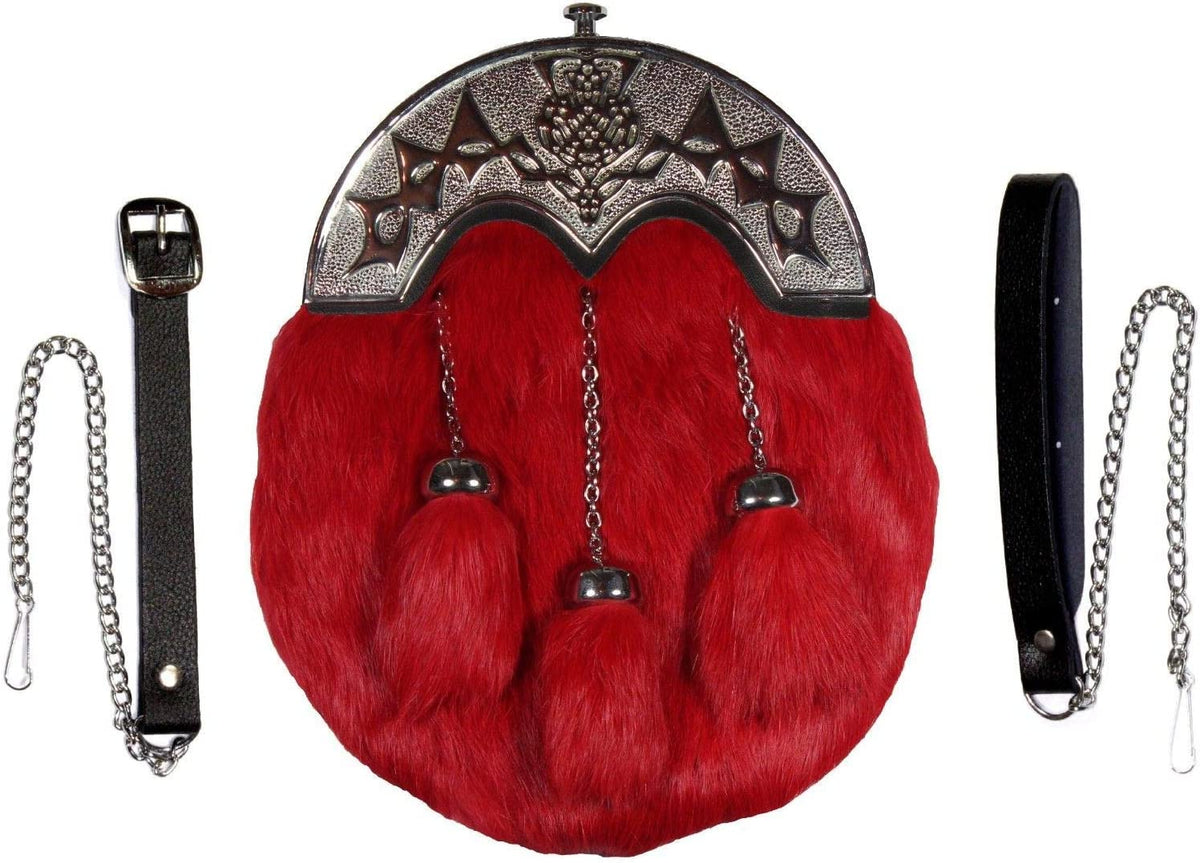 Scottish Thistle & Highland Red Sporran Full Dress Thistle Cantle With 3 Tassels Chrome Finish.