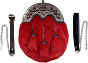 Scottish Thistle & Highland Red Sporran Full Dress Thistle Cantle With 3 Tassels Chrome Finish.