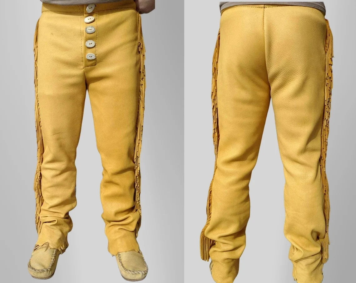 Mens leather Bead Pant Trouser Jeans Yellow Western Cowboy