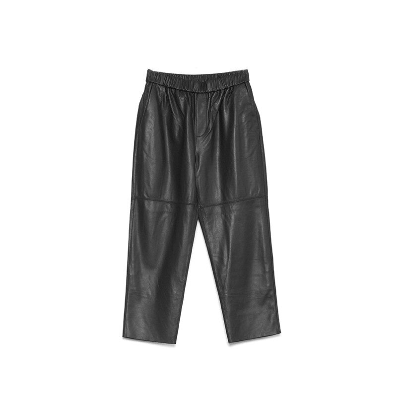 Genuine Leather Harem Pants Women Trousers High Elastic Waist