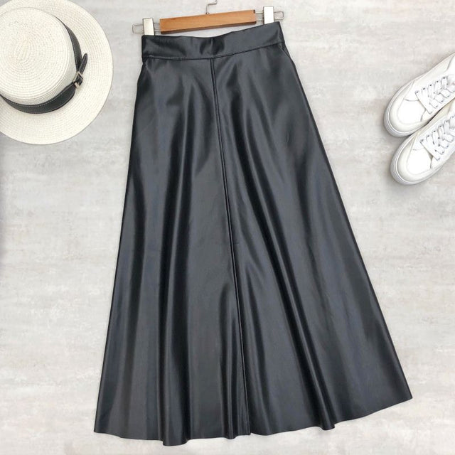 Women Skirts High Waist Elastic Latex Female Chic Flare Flare Long Skirt