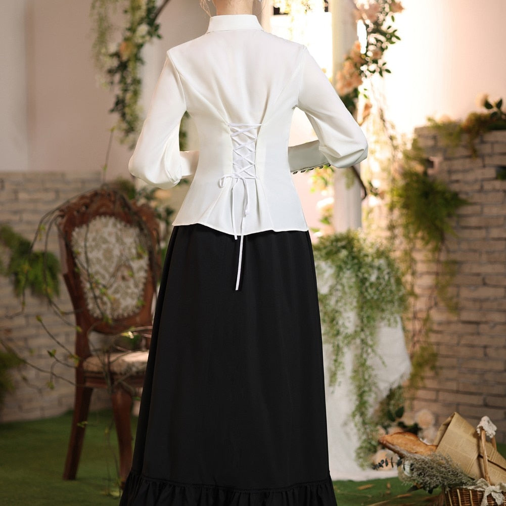 Women's Victorian Blouse Vintage Lotus Ruffled Shirt Renaissance Shirt With Tie Long Lantern Sleeves Button-up