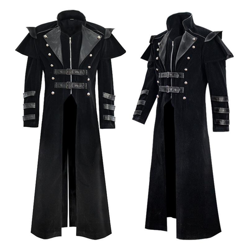 Men Medieval Steampunk Assassin Cosplay Costume Victorian Monk Gothic Black Long Coat Vintage Pirate Velet Overcoat
