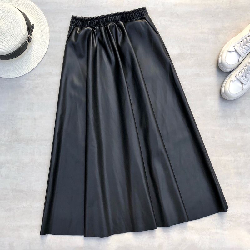 80cm Women Leather Long Skirts Pockets 2022 Winter Elastic Waist A-Line Flare Skirt