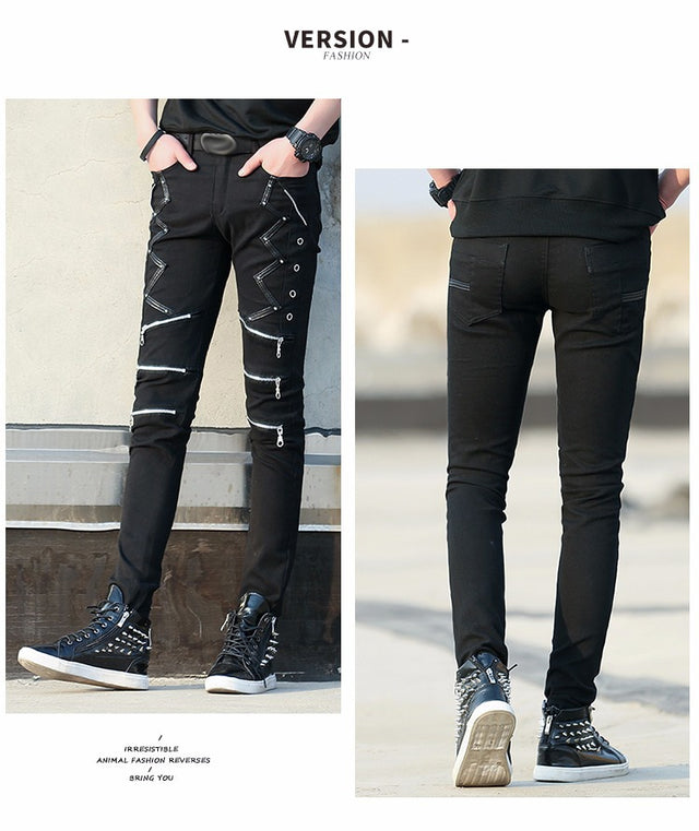Slim Fit Pants Punk Style Black Patchwork Leather Zippers Dance Night Club Gothic Jeans Trousers