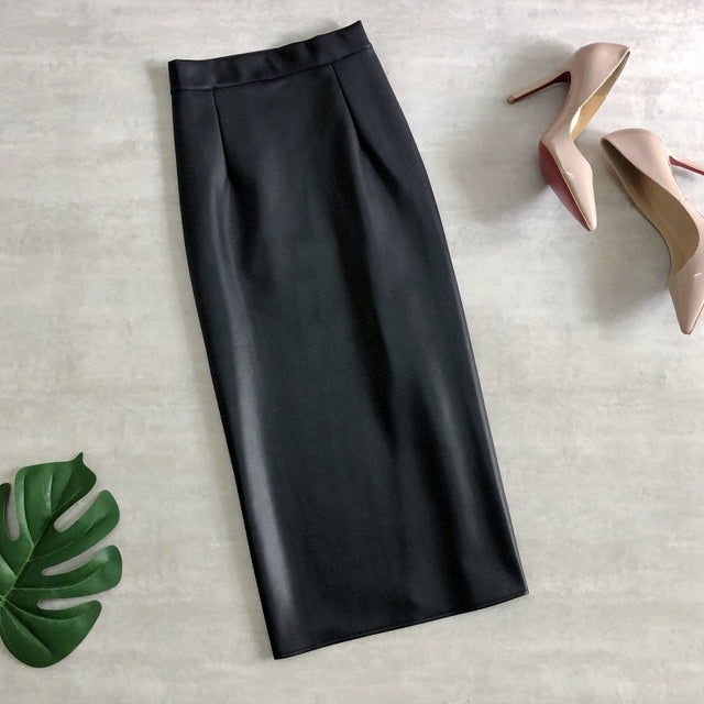 Stretch Pu Leather Midi Skirts Pencil Bodycon Elegant Office Ladies High Waist Faux Skirt