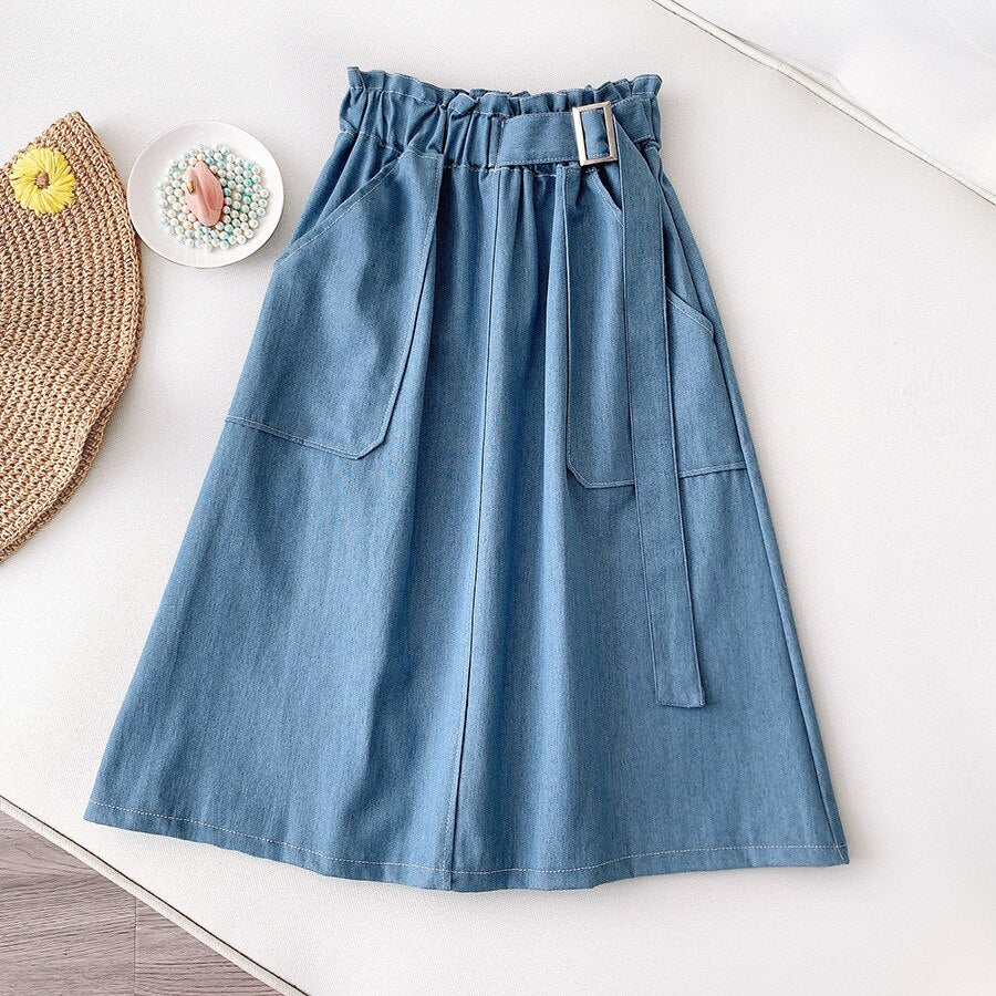 Denim Skirt Women High Waist Midi Jean Skirt A Line with Belt Street Casual Summer Clothing Blue Faldas