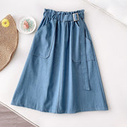 Denim Skirt Women High Waist Midi Jean Skirt A Line with Belt Street Casual Summer Clothing Blue Faldas