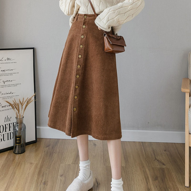Vintage Elegant Corduroy Skirts Fashion Metal Buttons High Waist A-Line Skirt