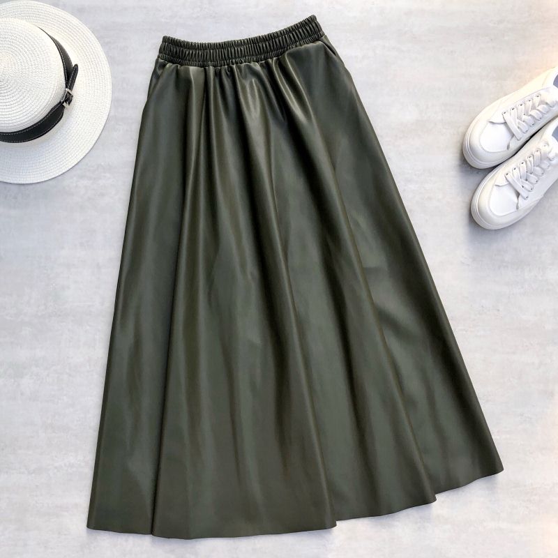 80cm Women Leather Long Skirts Pockets 2022 Winter Elastic Waist A-Line Flare Skirt