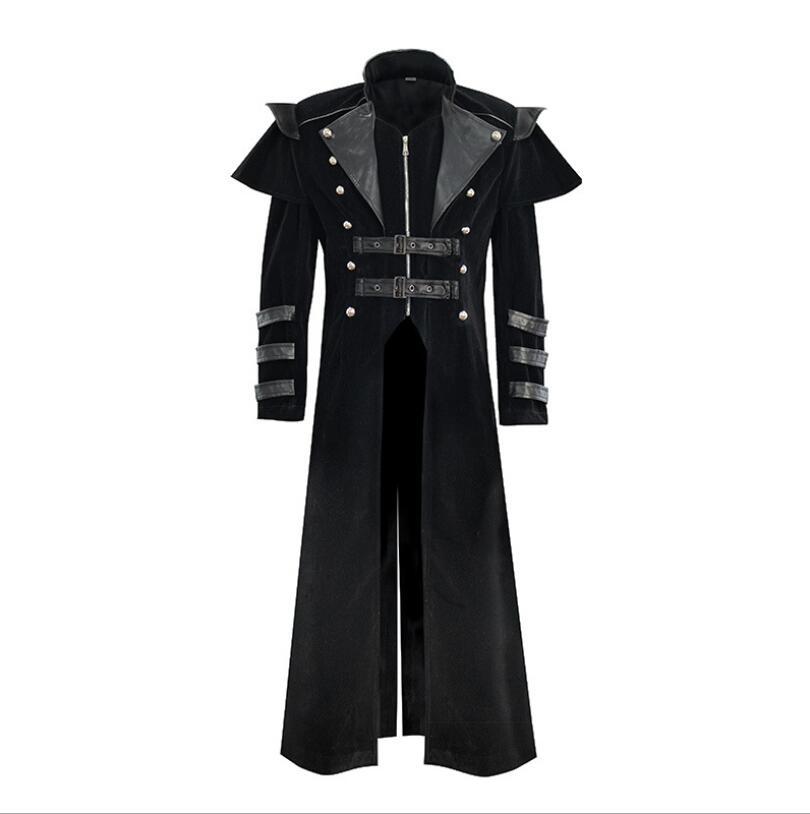 Men Medieval Steampunk Assassin Cosplay Costume Victorian Monk Gothic Black Long Coat Vintage Pirate Velet Overcoat