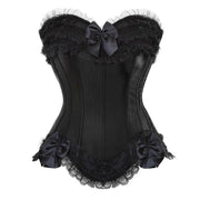 Satin Lace Overlay Corset Bustier Overbust Burlesque Corselet Top Bodyshaper Lingerie